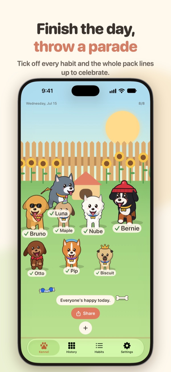Finish the day, throw a parade: all eight dogs line up in front of the kennel