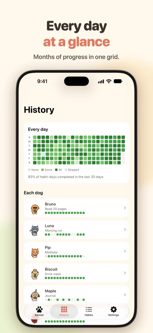 Every day at a glance: the History tab
