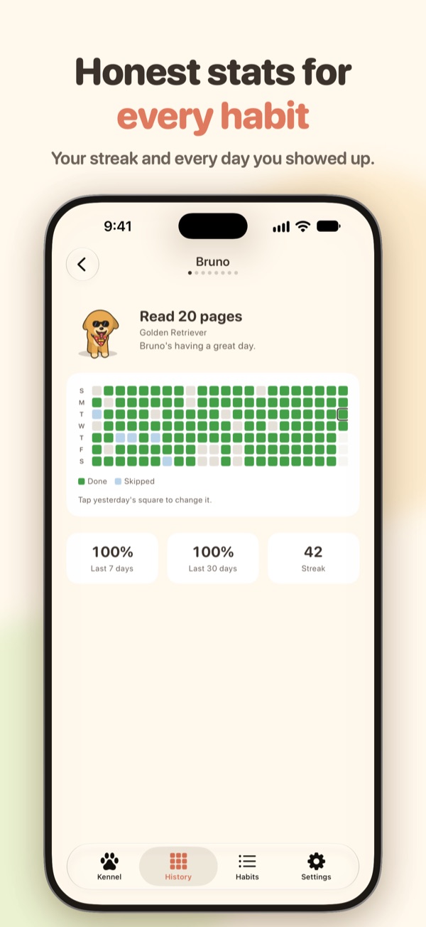 Honest stats for every habit: Bruno's grid and streak