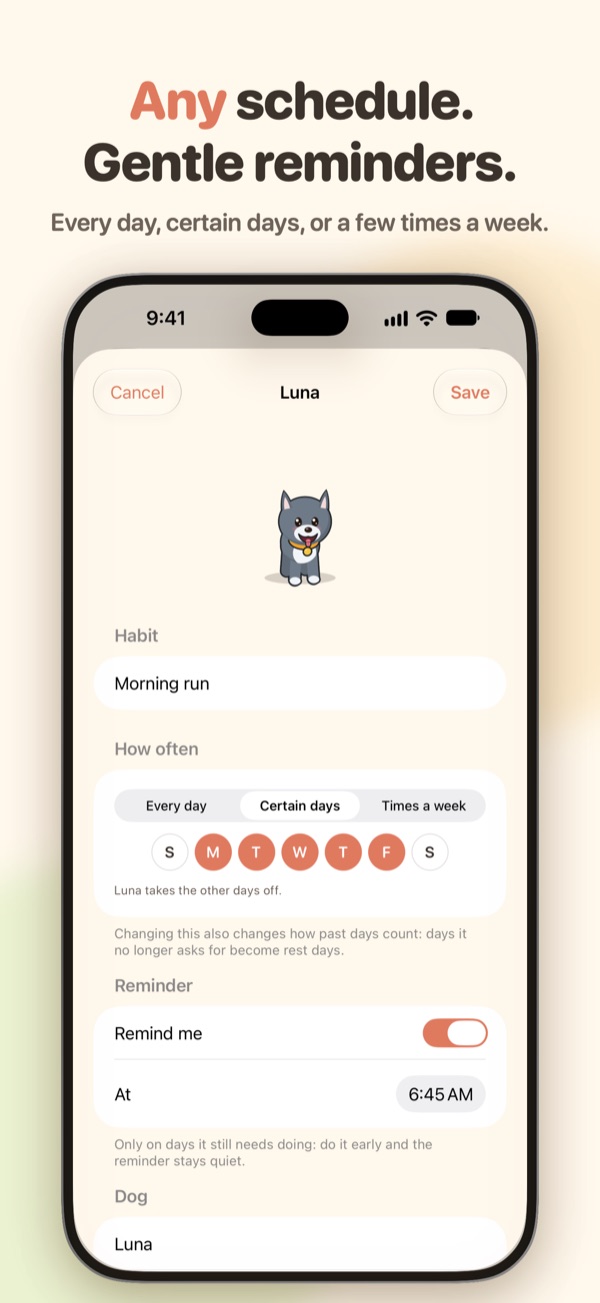 Any schedule, gentle reminders: Luna's weekday runs at 6:45
