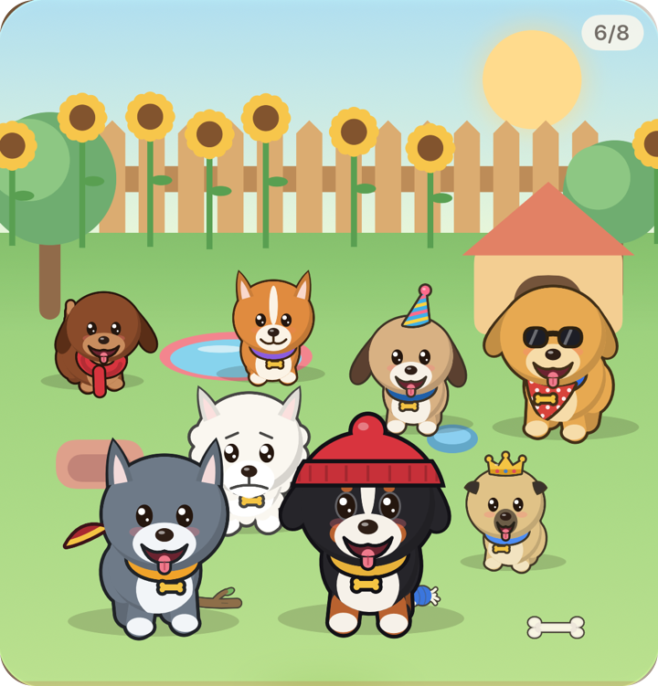 The large Habit Pups widget: eight dogs in a sunny yard, 6 of 8 done today