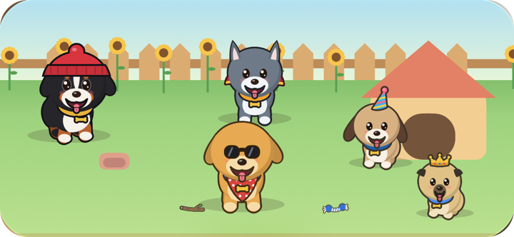 The medium Habit Pups widget: five happy dogs by the kennel
